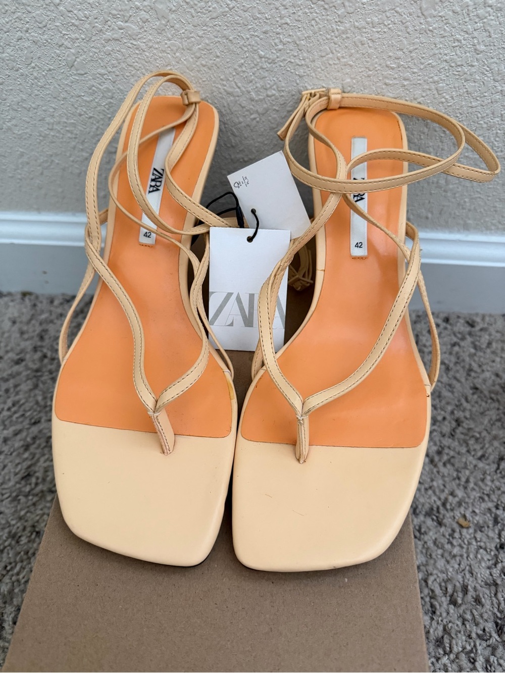 Zara Two-Tone Beige and Orange Square-Toe Strappy Sandals Size 11